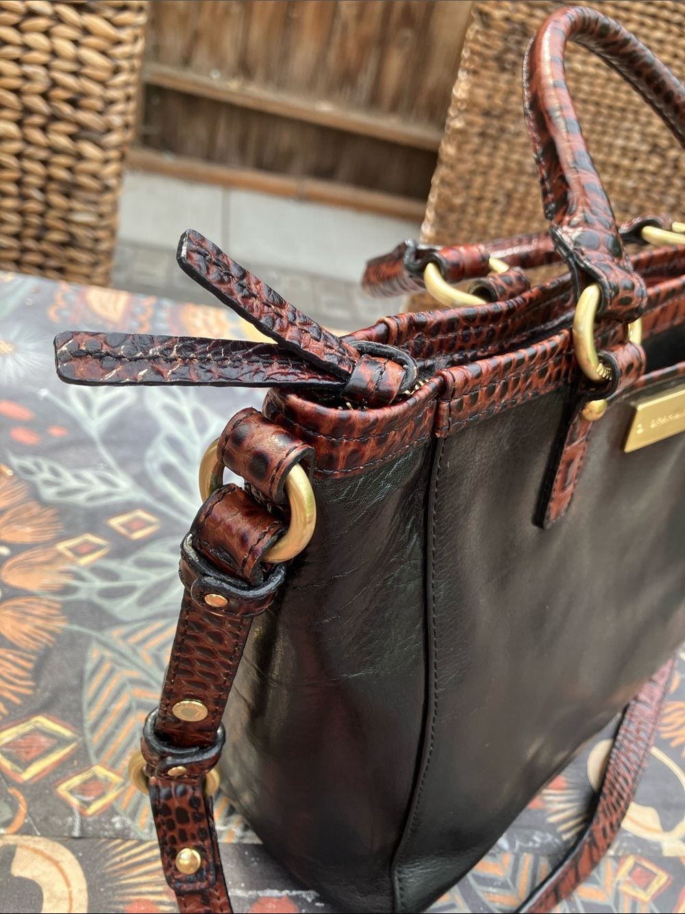 Brahmin Mini Arno Black leather and brown croc embossed leather bag - Picture 3 of 13